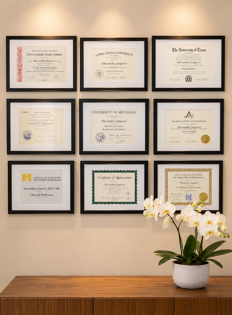 Dr. Alexandra Jaquery's framed professional diplomas and certificates