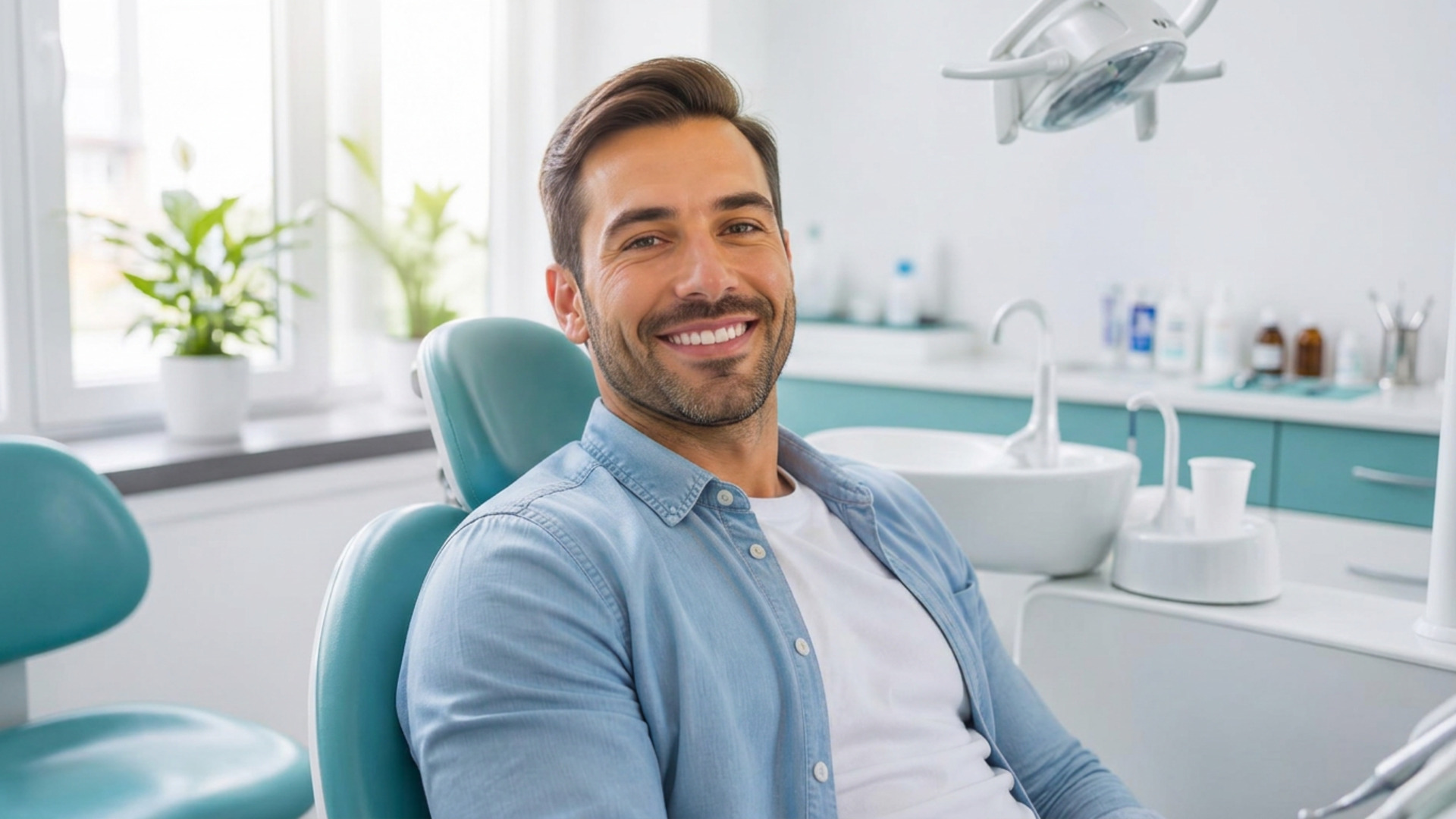 Dental patient smiling in a bright treatment room